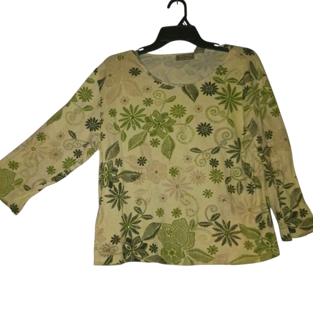 🦋Jane Ashley Floral Long Sleeve Top - Green and Cream